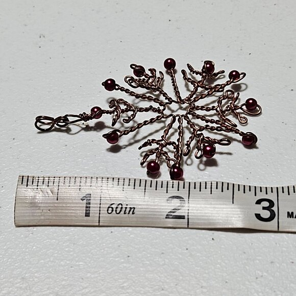 Handcrafted Copper Wire Snowflake Pendant Red Beads Christmas Holiday Jewelry - Picture 3 of 3